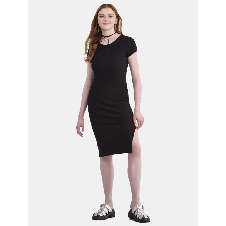No Boundaries Slit Midi Dress with Short Sleeves, Women's | Walmart (US)
