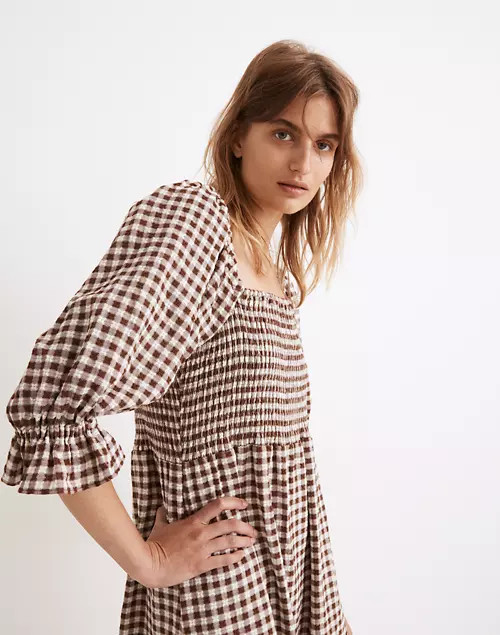 Lucie Elbow-Sleeve Smocked Midi Dress in Gingham | Madewell