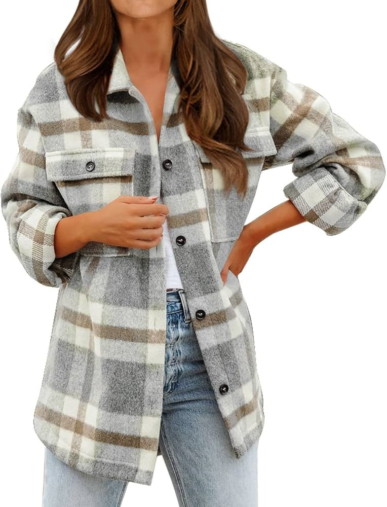 BTFBM Women's Long Sleeve Button Down Jackets Plaid Flannel Shirts Tops Casual Lapel V Neck Overs... | Amazon (US)