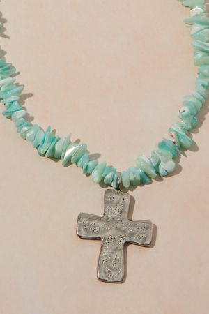 Statement Chip Stone Cross Necklace in Teal | Altar'd State | Altar'd State
