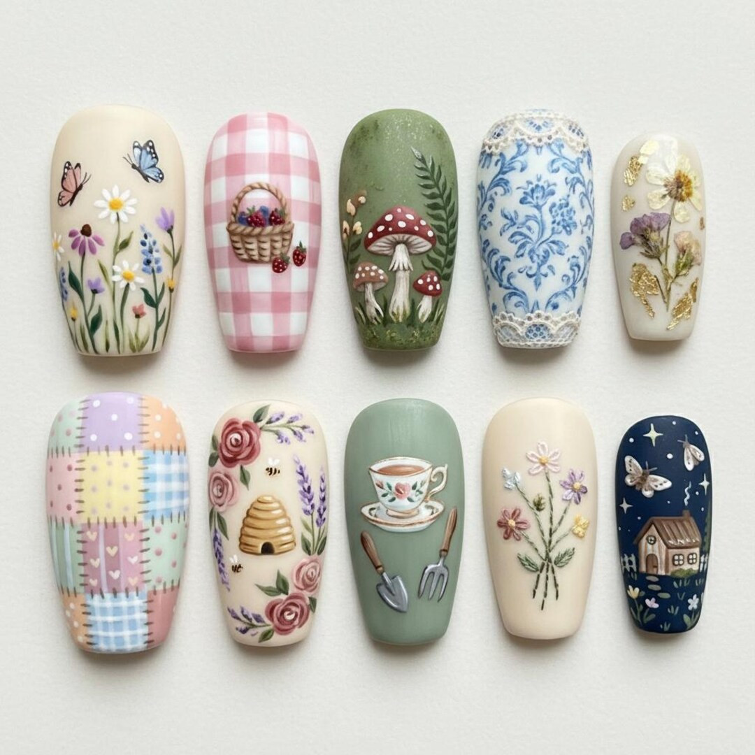 Spring Cottagecore Press On Nails, Pastel Garden Flowers, Magical Mushroom Bee Nail Art, Hand Pai... | Etsy (US)