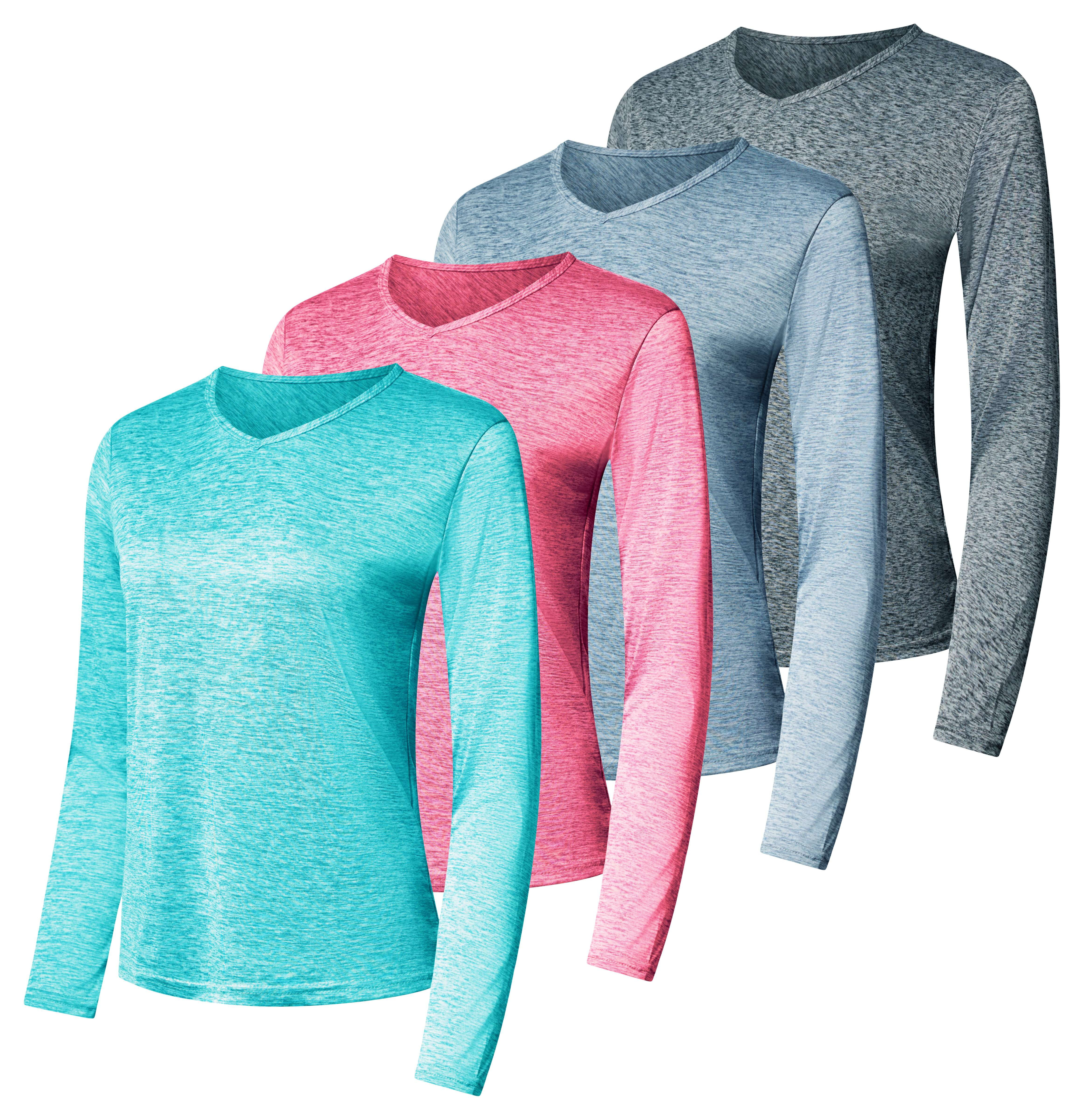 Real Essentials 4-Pack: Women's Dry-Fit Long-Sleeve V-Neck Athletic Workout Shirt (Available in P... | Walmart (US)