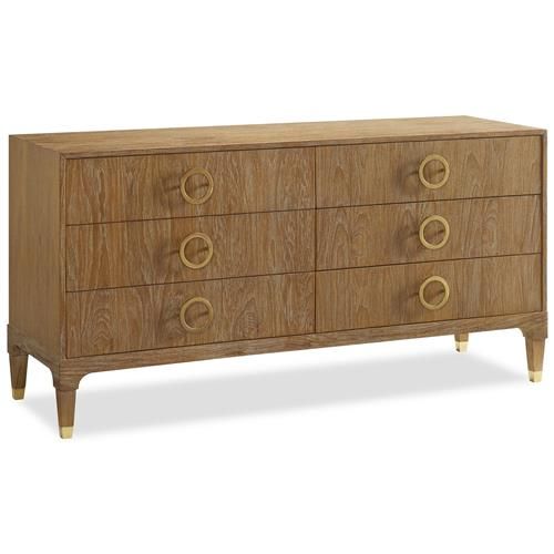 Haiden Modern Classic Brown Teak Brass 6 Drawer Wide Dresser | Kathy Kuo Home