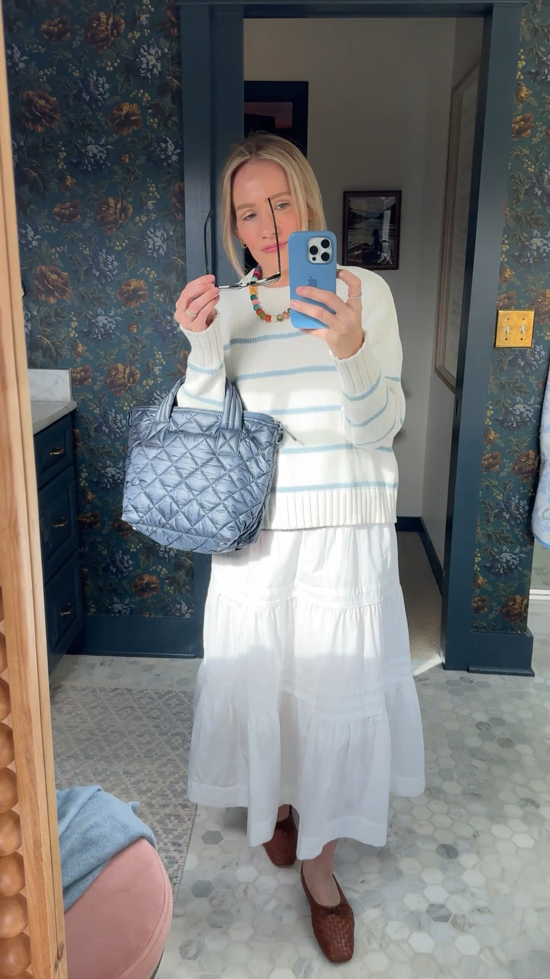 Under $100 Favorites from @Quince 
~ wearing my regular size small in our favorite under $50 cotton stripe sweater, more colors stocked too! Sized down to an xs in the white skirt (I’m 5’3”) Woven flats are walk out of the box comfortable& fit true to size. Quilted crossbody bag also comes in a larger tote & backpack styles  @onequince favorites too!  #quincepartner @Shop.LTK #liketkit

#LTKmomlife #LTKSeasonal #LTKWorkwear