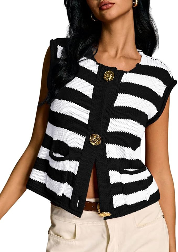 Womens Stripped Sleeveless Knit Sweater Vest Button Down Crop Tops with Pockets | Amazon (US)