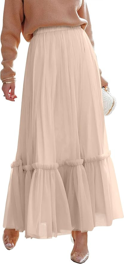 ANRABESS Maxi Skirts for Women Tulle Long Tiered Elastic High Waisted A Line Flowy Dressy Casual ... | Amazon (US)