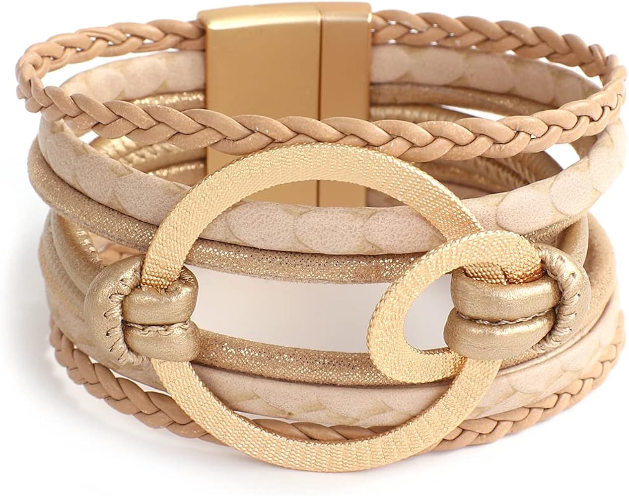 Leather Wrap Bracelet for Women Boho Gold Metal Circle Cuff Bracelets Layered Handmade Braided Ba... | Amazon (US)