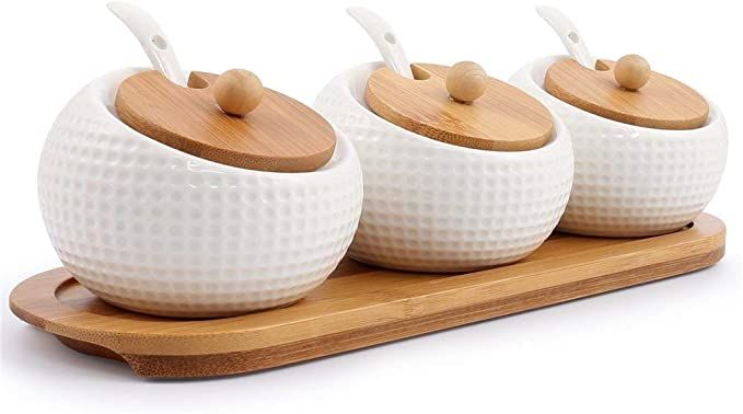 Porcelain Condiment Jar Spice Container with Lids - Bamboo Cap Holder Spot, Ceramic Serving Spoon... | Amazon (US)