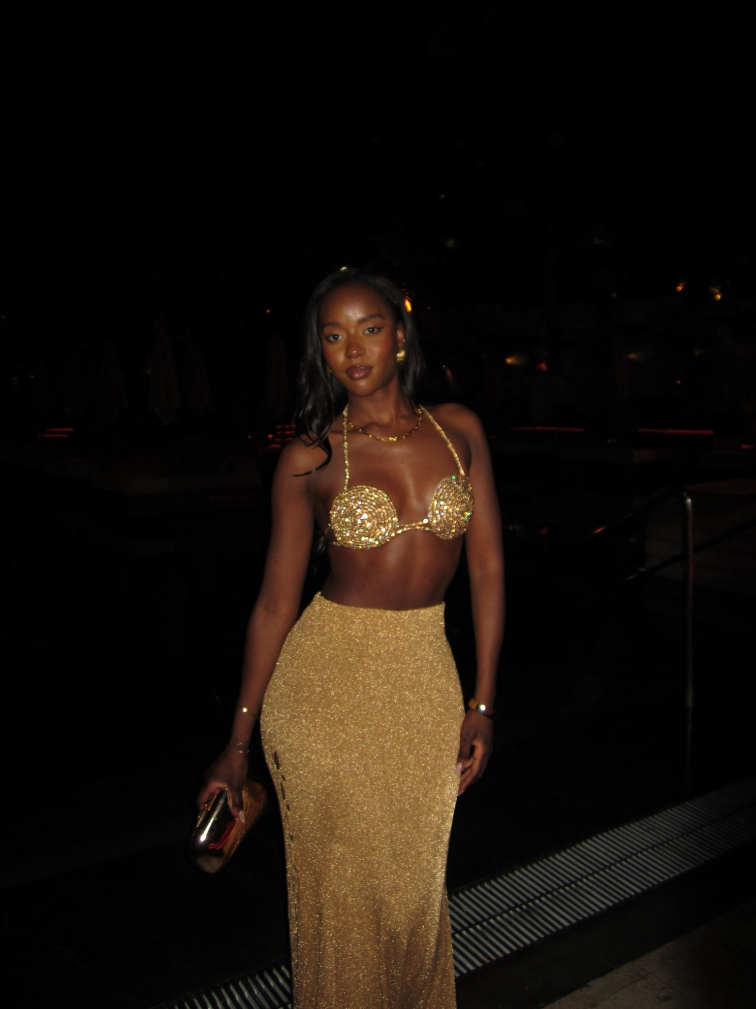 All gold outfit, revolve spiral bra, rhinestone bra, party outfit, evening outfit, gold outfit, gold glittery maxi skirt, gold clutch bag 

#LTKuk #LTKstyletip #LTKsummer