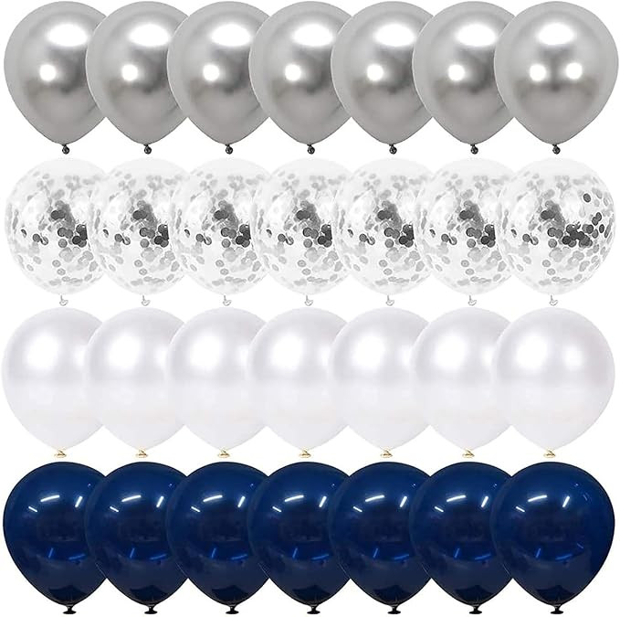 Navy Blue and Silver Confetti Balloons 50 pcs, 12 inch White Pearl and Silver Metallic Chrome Par... | Amazon (US)