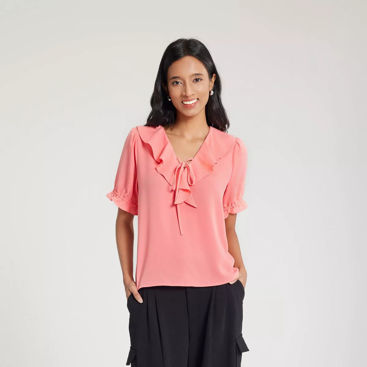 Women's Ruffled Neck Tie-Front Blouse - A New Day™ | Target