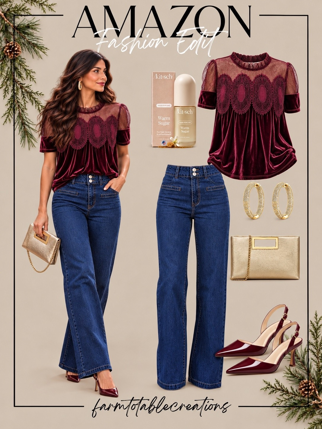 Amazon Christmas Eve Outfit ❤️✨

This Christmas Eve outfit is festive without feeling overly dressy. The rich burgundy velvet-and-lace top paired with dark denim gives you that perfect balance of cozy and polished, while the wine-colored heels and gold accessories make the whole look feel special for the holiday.

I love this for Christmas Eve dinner, church, visiting family, or a relaxed holiday gathering when you still want to feel dressed up. The deep berry tones are such a beautiful alternative to traditional red!

Follow @farmtotablecreations on Instagram for more cozy home finds and trending decor.

#LTKStyle #LTKFashion #AmazonFashion #AmazonFinds #AmazonStyle #ChristmasEveOutfit #HolidayOutfit #ChristmasFashion #VelvetTop #HolidayStyle #FestiveOutfit #ChristmasDinnerOutfit #WinterFashion #HolidayPartyStyle #BurgundyOutfit

#LTKOver40 #LTKSeasonal #LTKmomlife