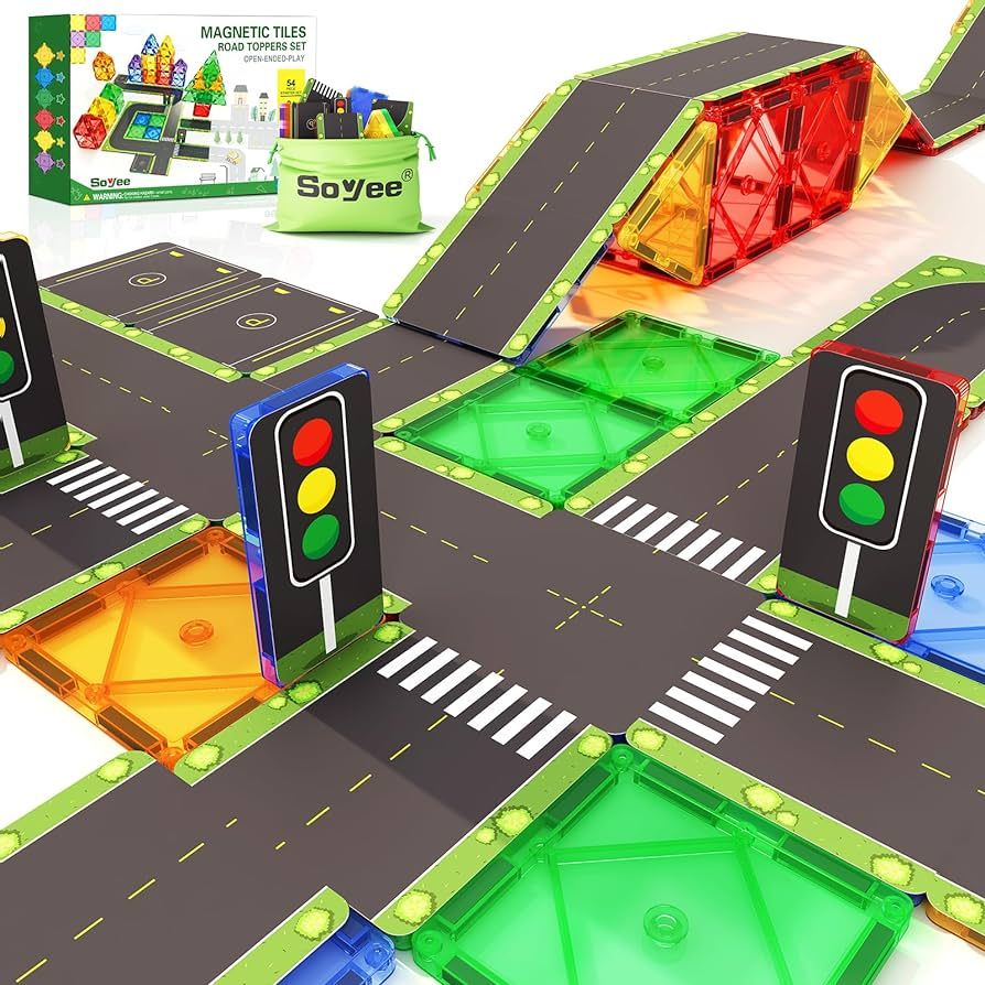 56PCS Magnetic Tiles Road Toppers Set Kids Toys for 3 Year Old Boys and Girls Playing with Car To... | Amazon (US)