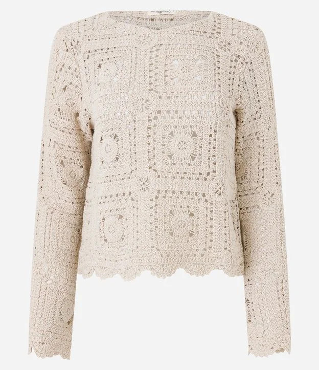 Blusa em Crochê com Textura em Quadros e Barra Ondulada Bege | Renner (BR)