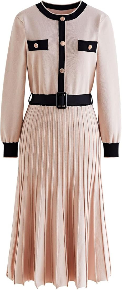 CHICWISH Women's Nude Pink Long-Sleeve Belted Contrast Color Pleated Buttoned Knit Dress | Amazon (US)