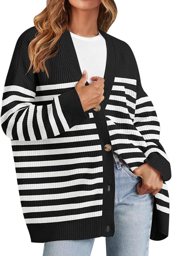 MEROKEETY Women's Oversized Striped Cardigan Sweaters 2024 Open Front Button V Neck Knit Outerwea... | Amazon (US)