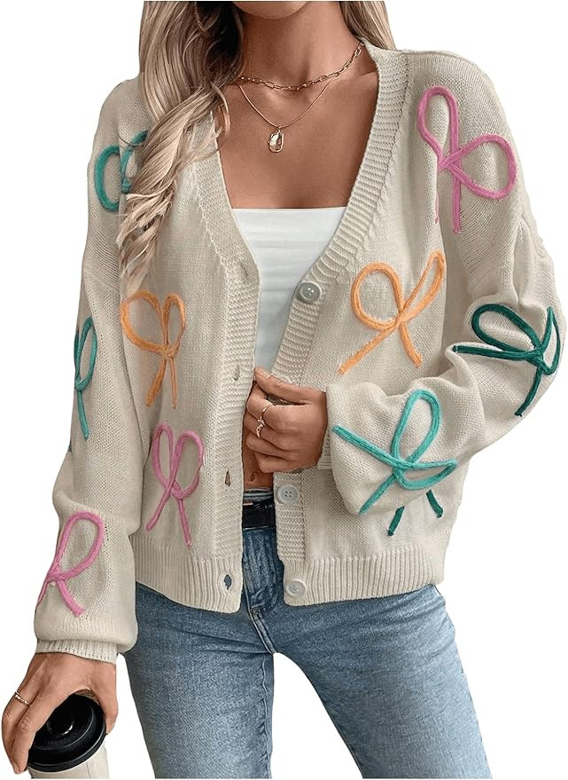 WDIRARA Women's Bow Button Down Cardigan V Neck Long Sleeve Drop Shoulder Knit Sweater | Amazon (US)