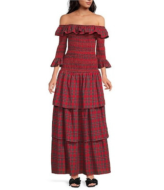 Sugarlips Plaid Print Off-The-Shoulder 3/4 Sleeve Drop Waist Ruffle Tiered Maxi Dress | Dillard's | Dillard's