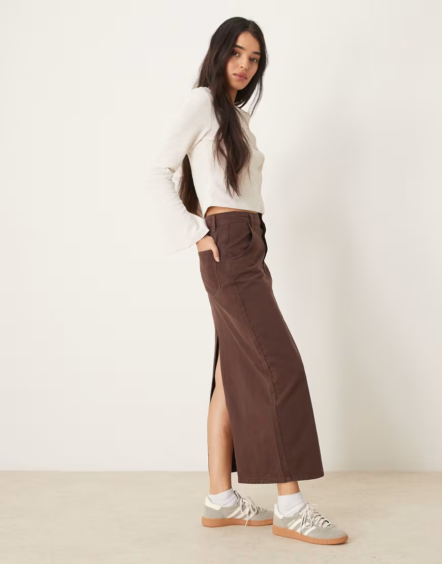 ASOS DESIGN denim maxi skirt with back slit in brown tint | ASOS (Global)
