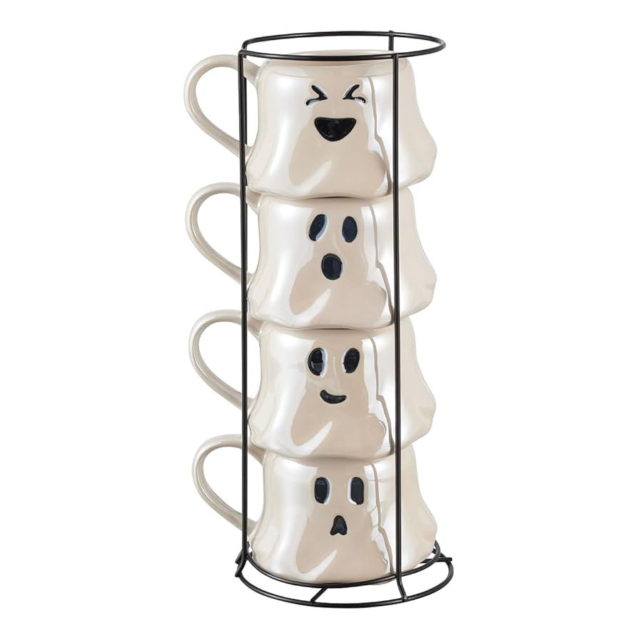 13-Ounce Halloween White Ghost Stoneware Stackable Mug Set with Iron Rack, Cute and Spooky Coffee... | Amazon (US)