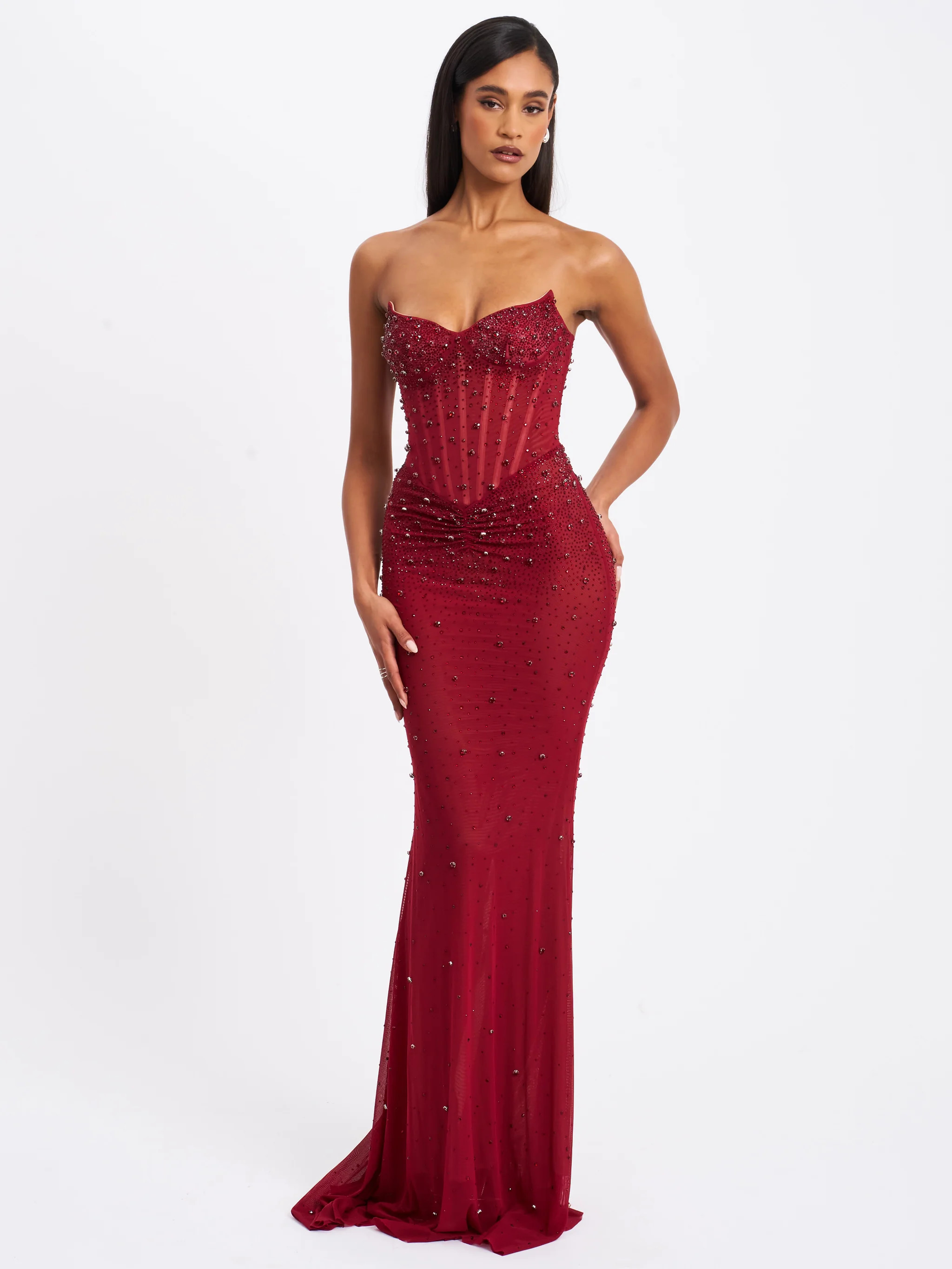 Fatima Burgundy Crystal Sleeveless Corset Mermaid Maxi Dress | Miss Circle