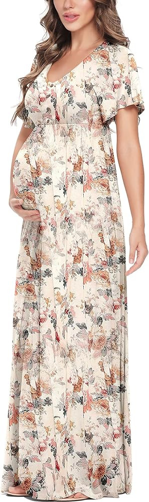 Peauty Maternity Maxi Dress with Button/Short Flutter Sleeve Flowy Dress Baby Shower Photoshoot | Amazon (US)
