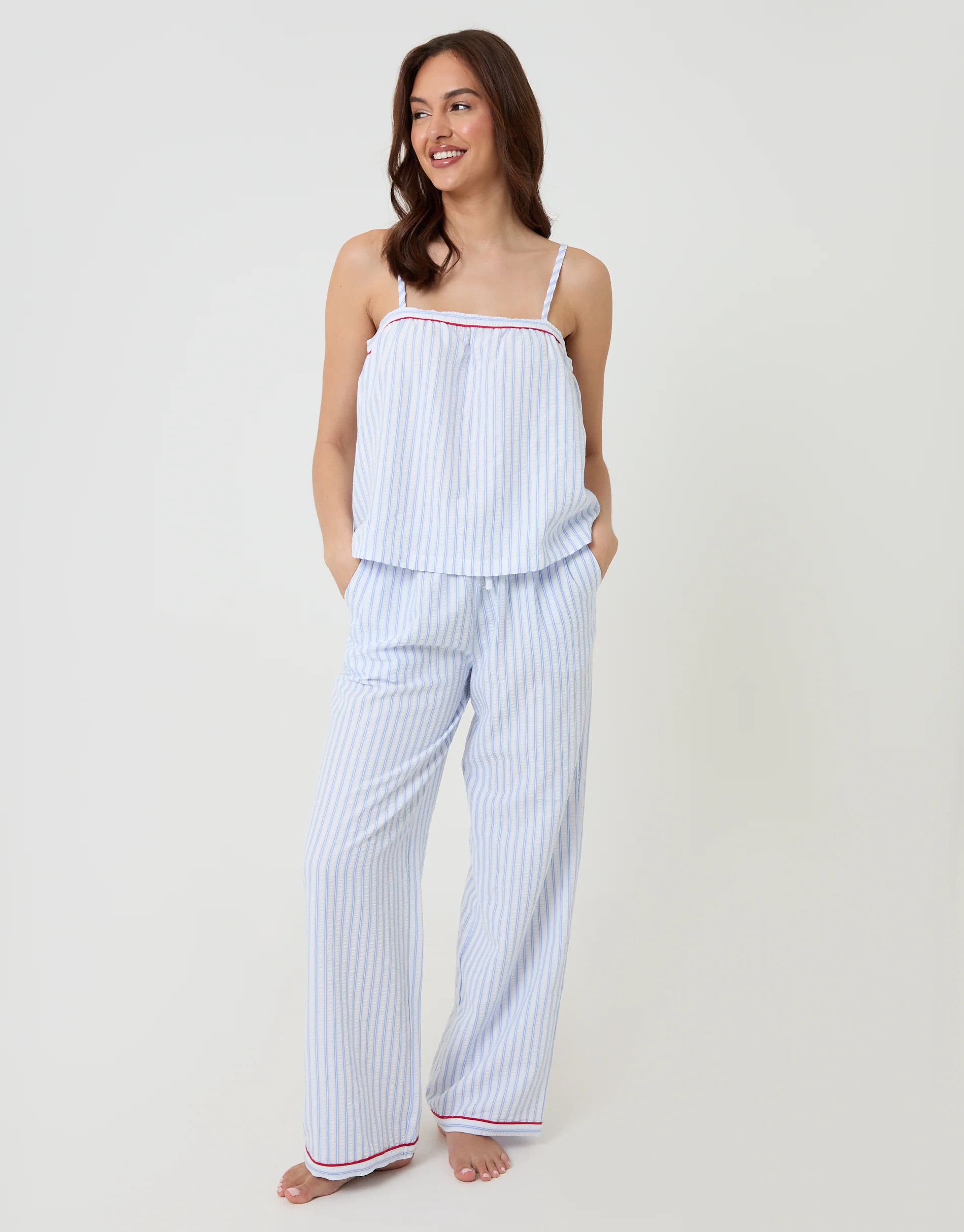 A-Line Cami Seersucker Pyjama Set in Blue Stripe | Threadbare UK
