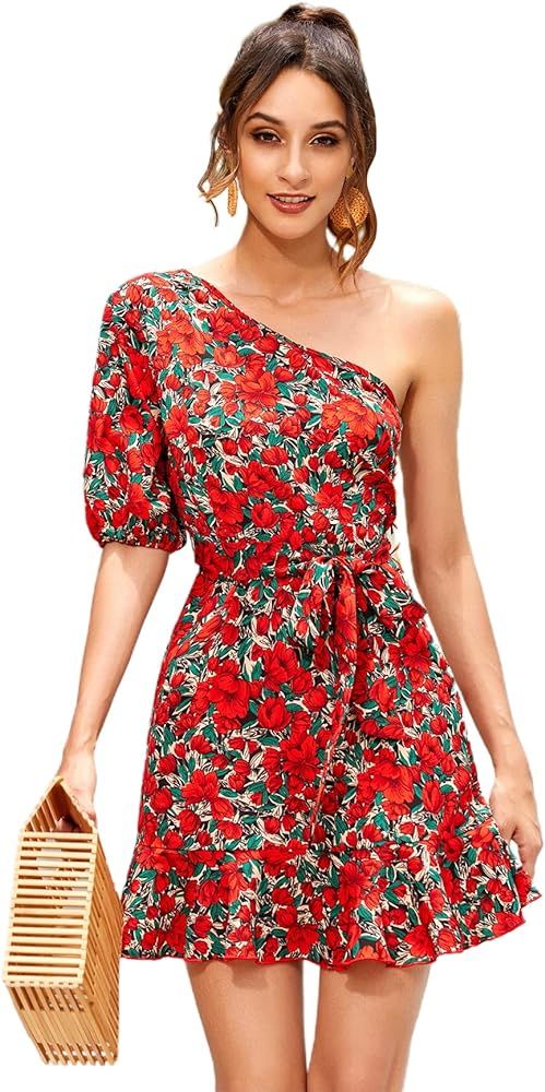Floerns Women's Floral Print One Shoulder Short Sleeve Belted A Line Dress | Amazon (US)