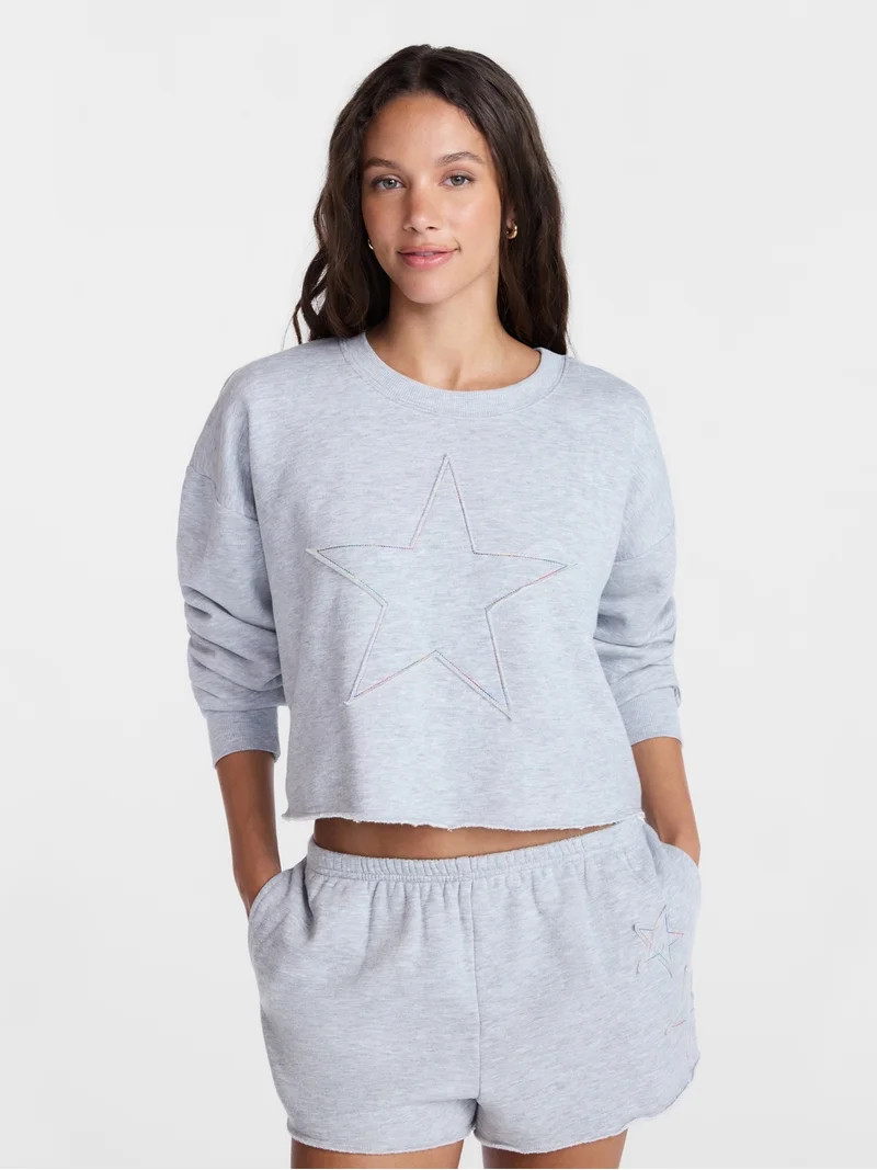 No Boundaries Embroidered Cropped Crewneck Sweatshirt, Women's XXS-XXL | Walmart (US)