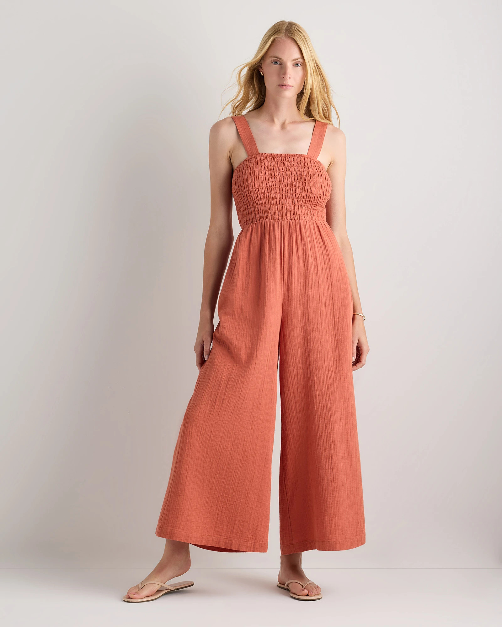 100% Organic Cotton Gauze Smocked Wide Leg Jumpsuit in Indigo Blue | Quince