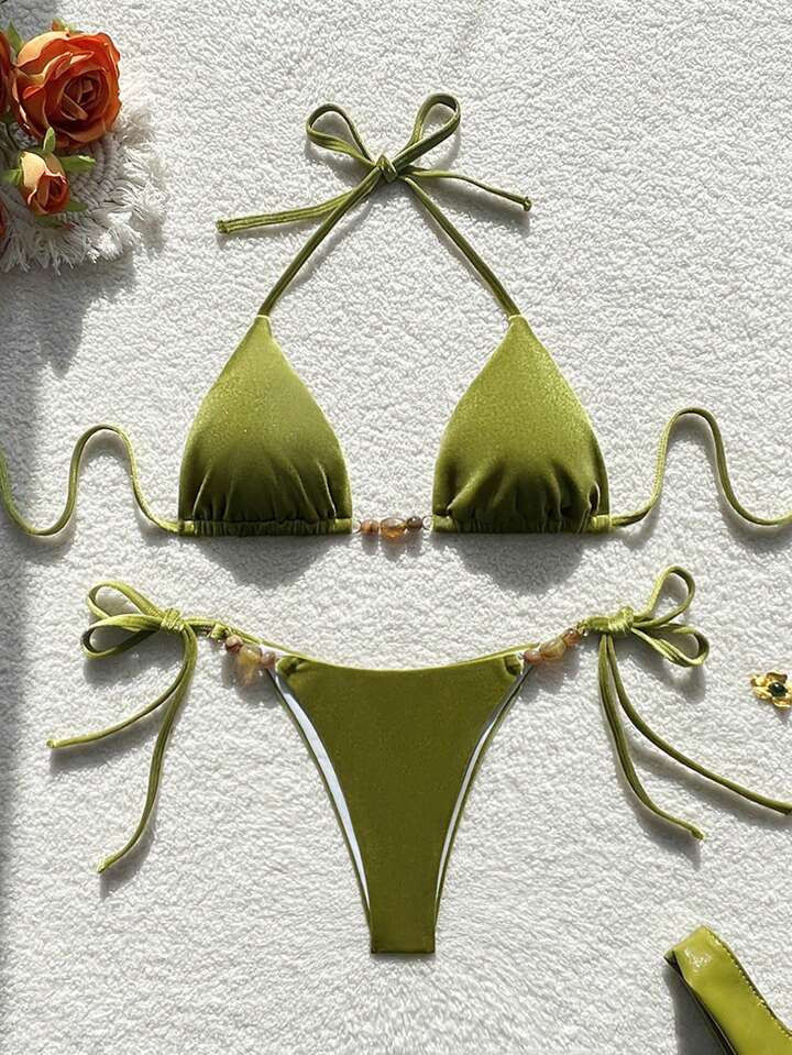 Swim Vcay Summer Women's New Halter Neck Sexy Velvet Fabric Tie Triangle Bikini Set | SHEIN
