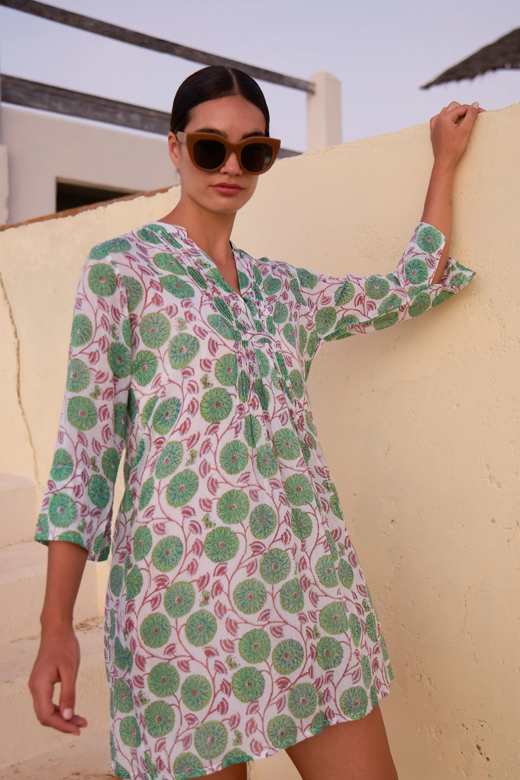 3/4 Sleeve Pintuck Dress- Monarch Green | Oliphant Design