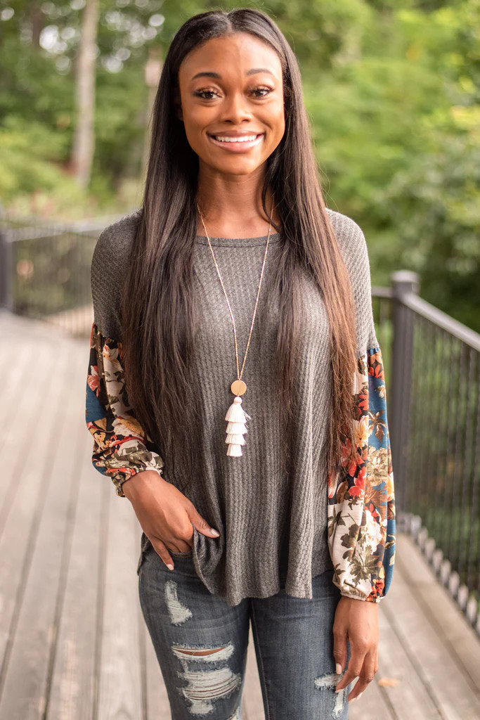 Talk About Fun Charcoal Gray Bubble Sleeve Top | The Mint Julep Boutique