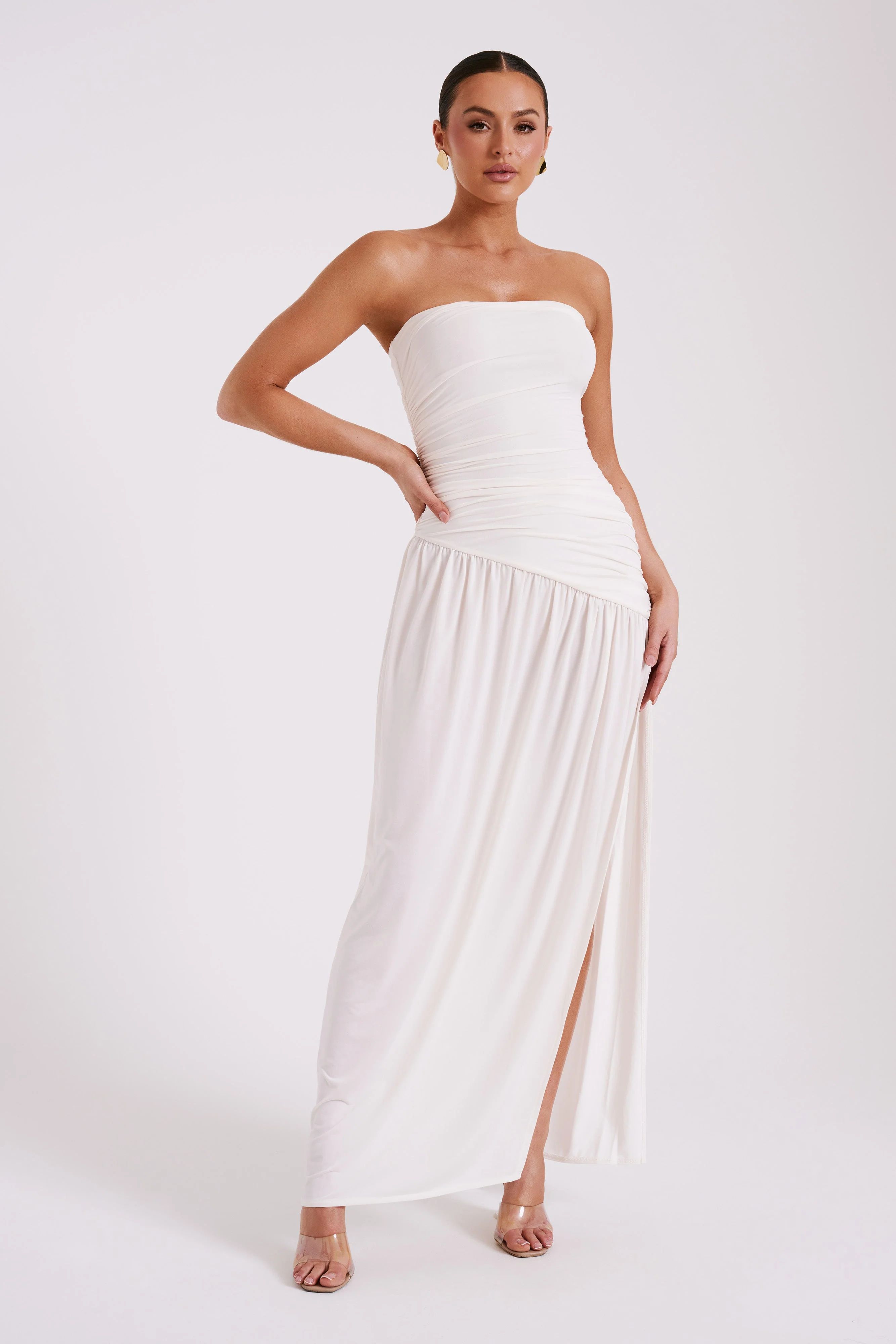 Bex Strapless Slinky Maxi Dress With Split - Ivory | MESHKI US