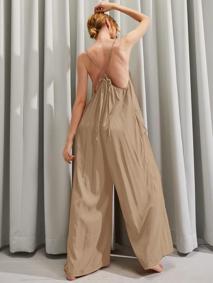 Solid Tie Backless Wide Leg Cami Jumpsuit | SHEIN