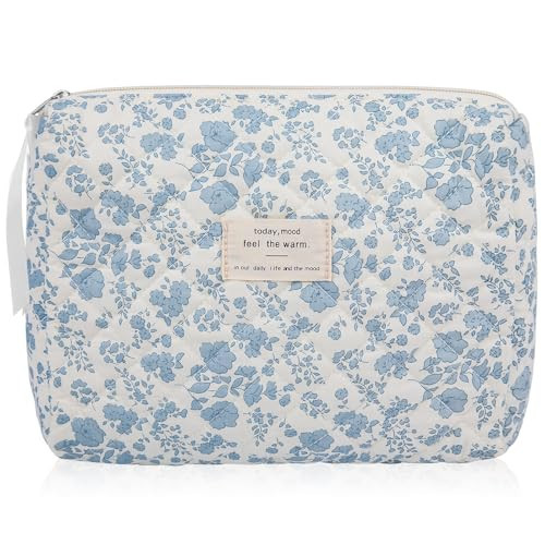 Floral Makeup Bag, Large Cosmetic Bag for Women Girls, Cute Cotton Make up Pouch, Quilted Makeup Bags, Flower Travel Toiletry Organizer Bag(Blue Floral) | Amazon (US)
