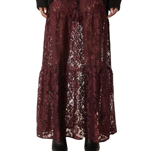 Naileksi Women Tiered Sheer Lace Maxi Skirt Elastic Waist High Rise Flowy A-Line Sexy See Through Long Skirt Clubwear Burgundy | Amazon (US)