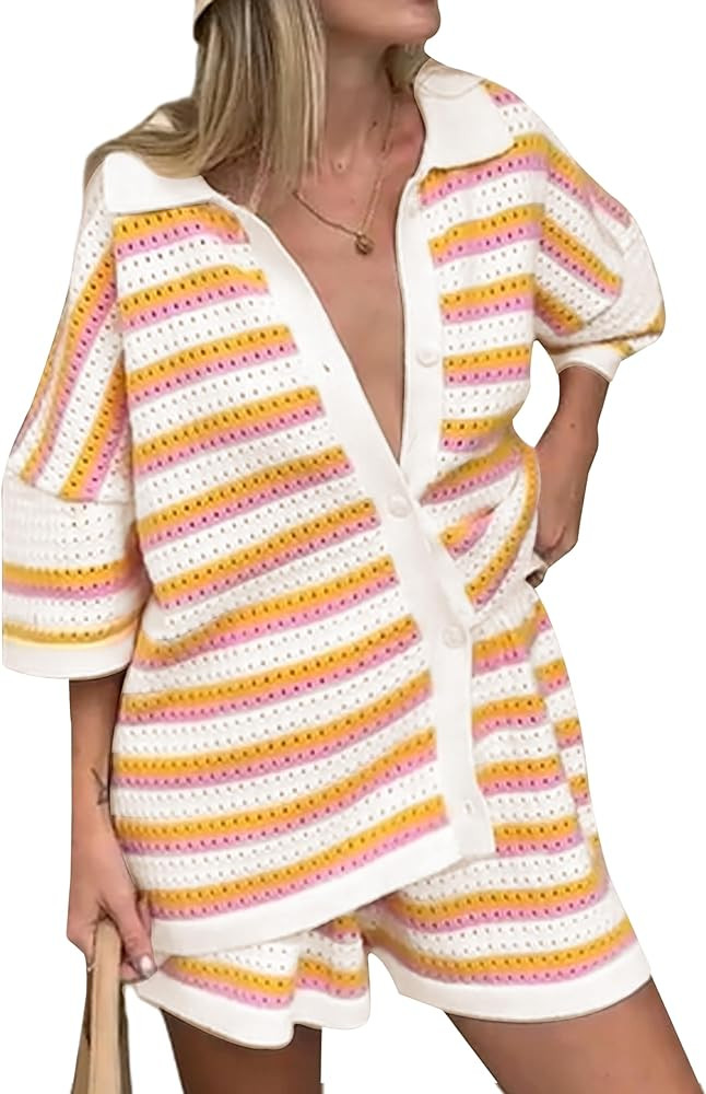 Lounge Sets for Women Striped Knit Set Color Block Button Top and Shorts Two Piece Loungewear | Amazon (US)