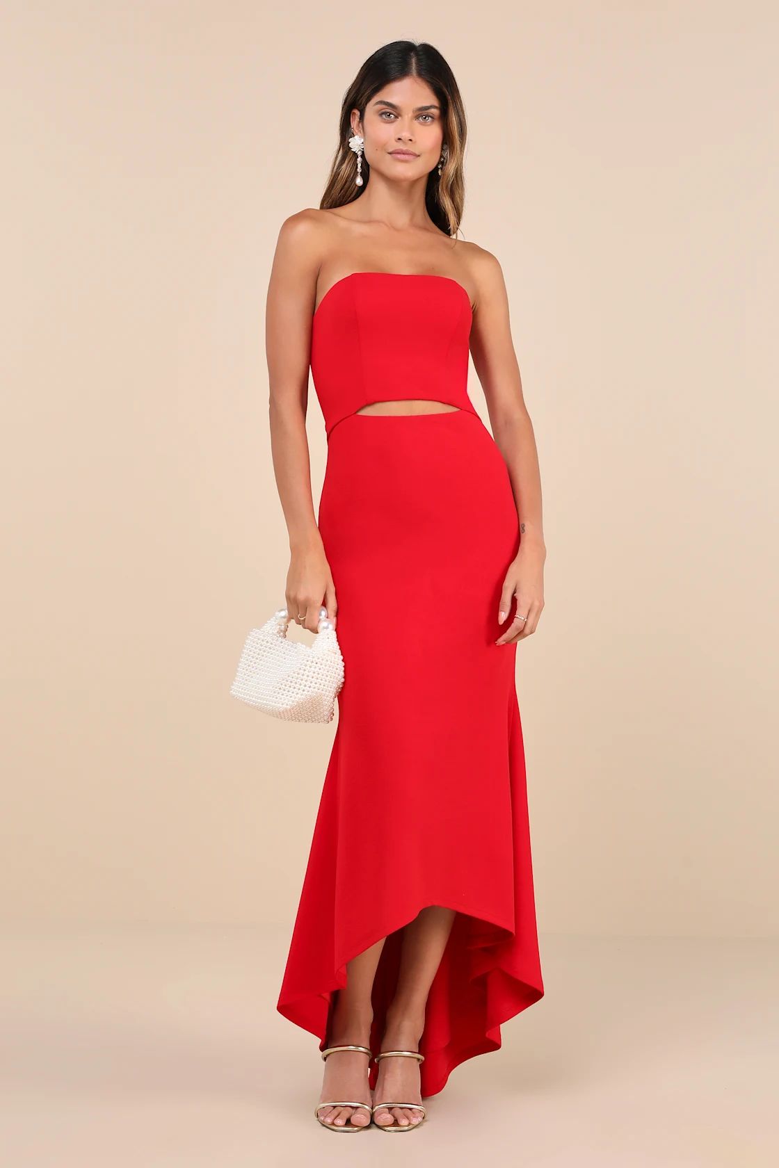 Gorgeous Existence Red Strapless Cutout High-Low Maxi Dress | Lulus