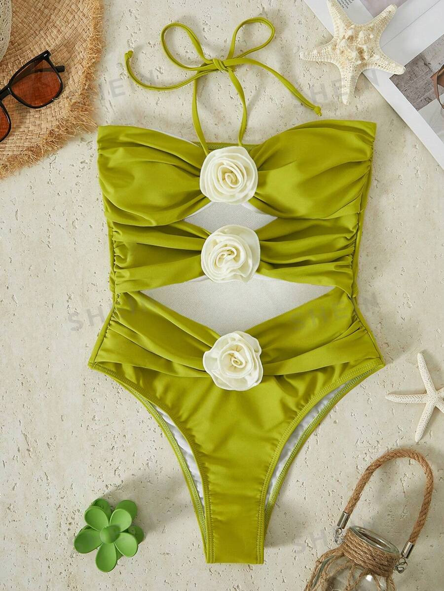 Bikinx Solid Color Sexy Hollow Out Monokini Swimsuit With 3d Flower Detail And Halter Neckline Fo... | SHEIN