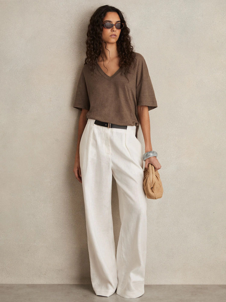 Reiss Brown Ember Linen V-Neck T-Shirt | Next AU