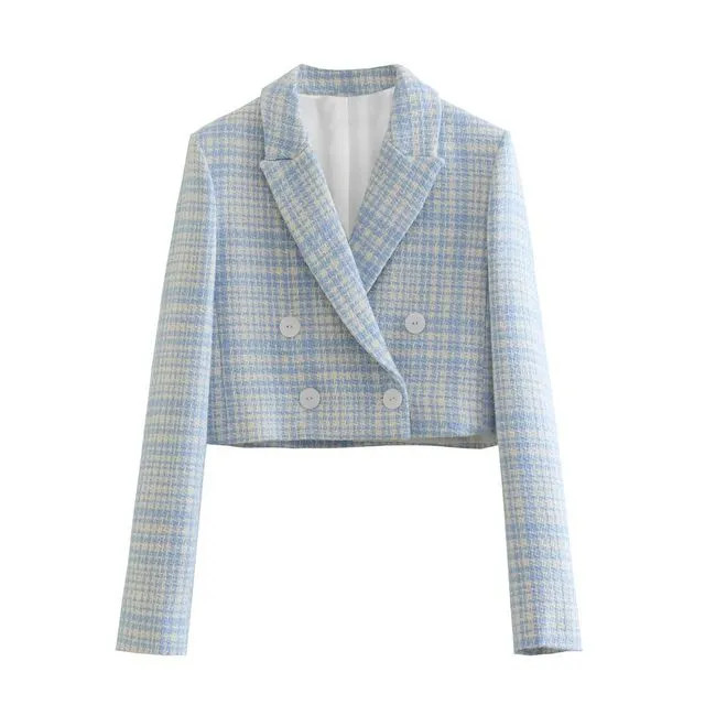Indesi - Plaid Double-Breasted Tweed Crop Blazer | YesStyle | YesStyle Global