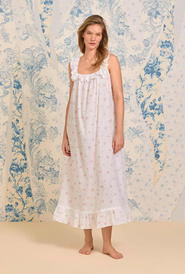 The "Elizabeth" Sweet Pink Floral Swiss Dot Long Nightgown | Eileen West