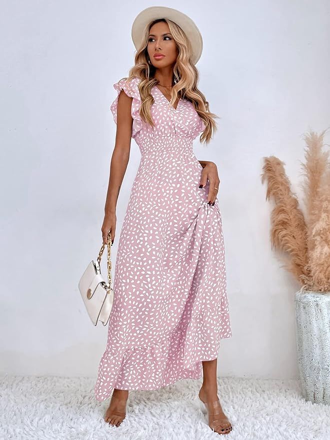 SheIn Women's Allover Print Shirred Ruffle A Line Maxi Dress Cap Sleeve Wrap V Neck Dresses | Amazon (US)