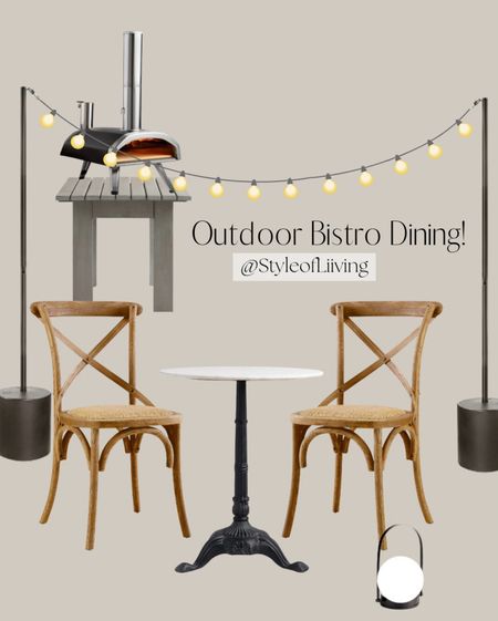 Outdoor bistro dining inspiration! World Market furniture. Small bistro table, bistro chairs, string lights, pizza oven, lights.

#LTKHome #LTKSeasonal #LTKParties