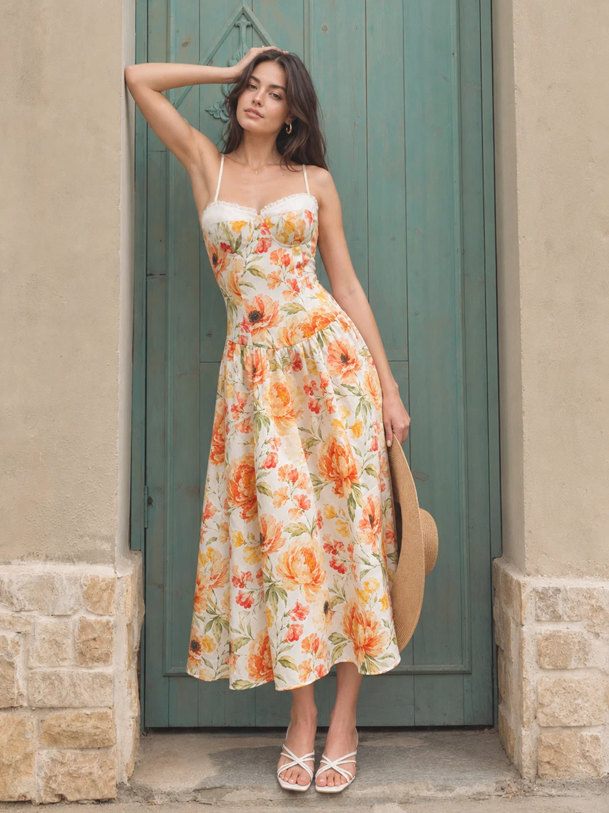 Ruffle Bust Floral Print Cami Midi Dress | Commense