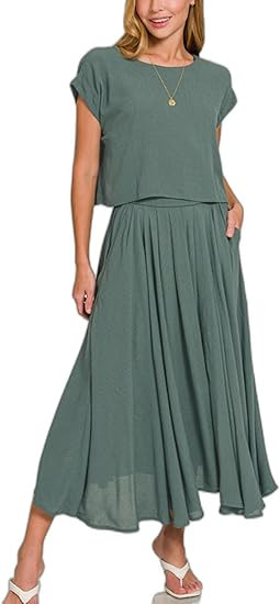 Womens Casual Two Piece Set Elegant Crop Top Pleated Midi Skirt Sage Green Summer Holiday Outfit | Amazon (US)