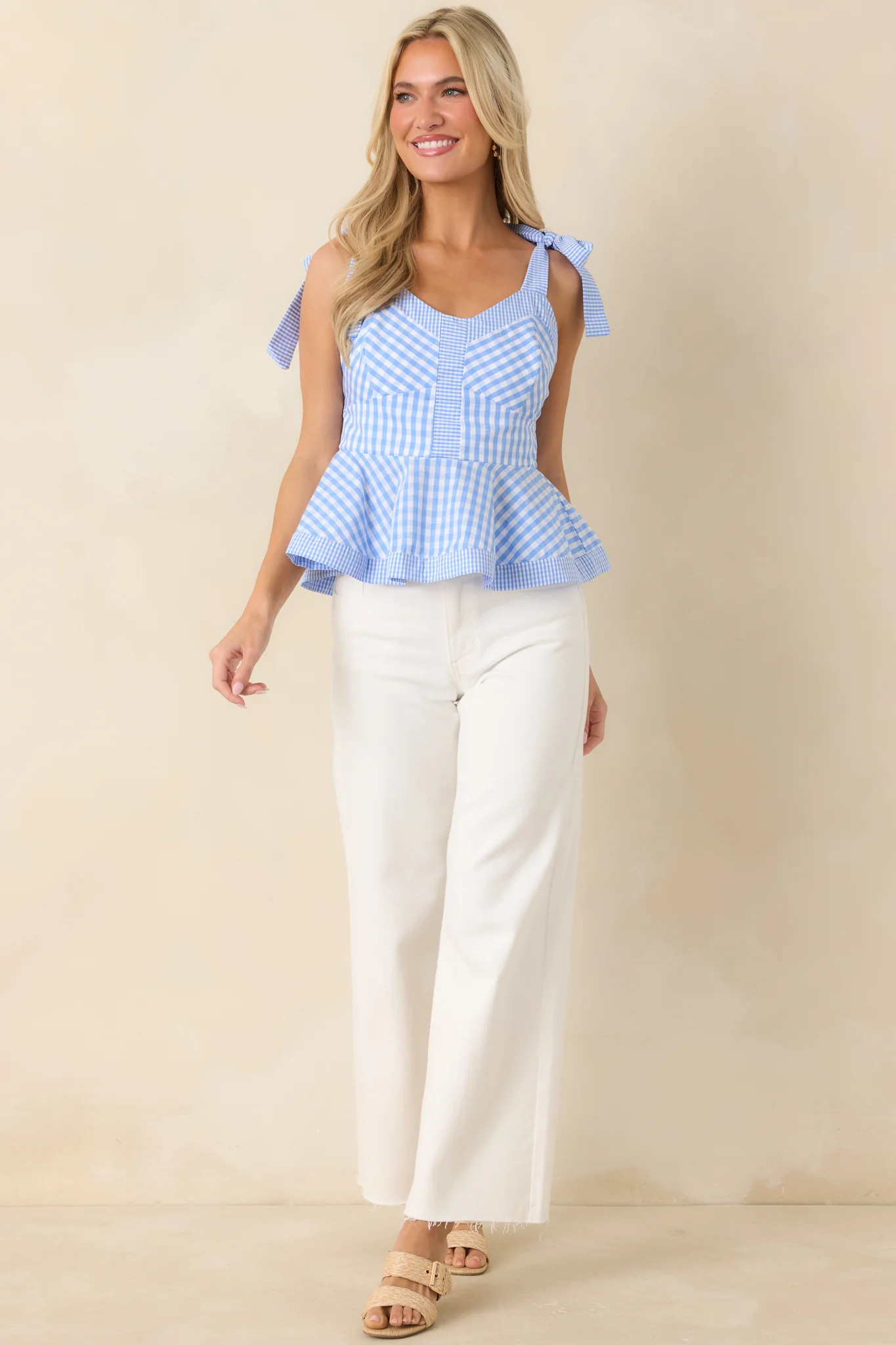 Save Me a Seat Blue & White Gingham Cotton Peplum Top | Red Dress