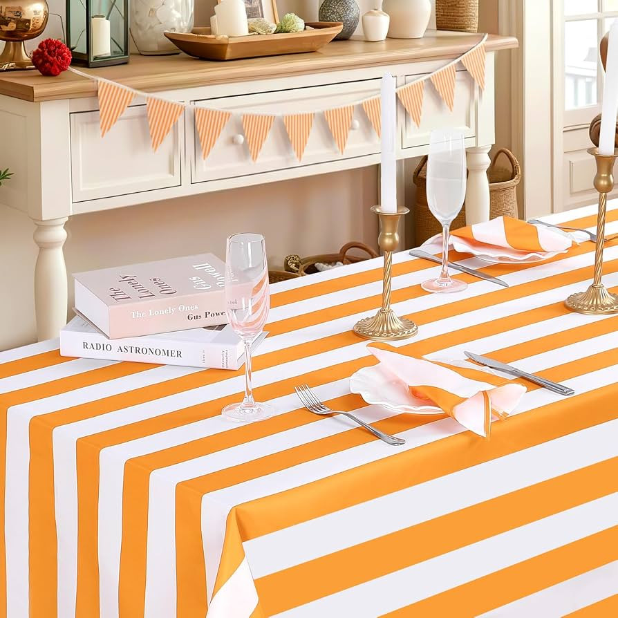 Striped Tablecloth Tangerine Yellow and White Tablecloth - 57 x 84 Inch Waterproof Table Cloth Re... | Amazon (US)