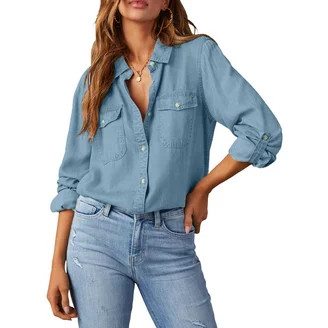 Scoop Women's Cotton Denim Shirt with Blouson Sleeves, Sizes XS-XXL - Walmart.com | Walmart (US)